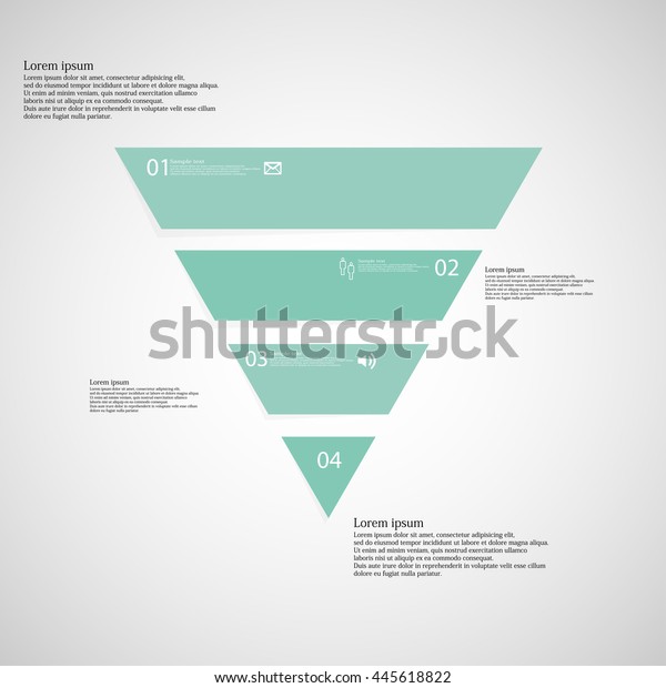 Illustration\
inforgraphic with shape of triangle on light background. Triangle\
with blue/green color. Template with triangle shape divided to four\
parts with text, number and symbol.\
