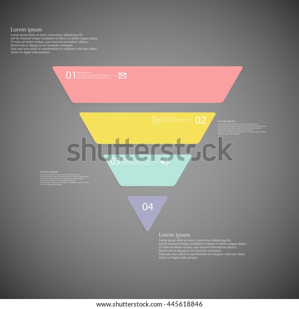 Illustration\
inforgraphic with shape of triangle on dark background. Triangle\
with various color. Template with triangle shape divided to four\
parts with text, number and symbol.\
