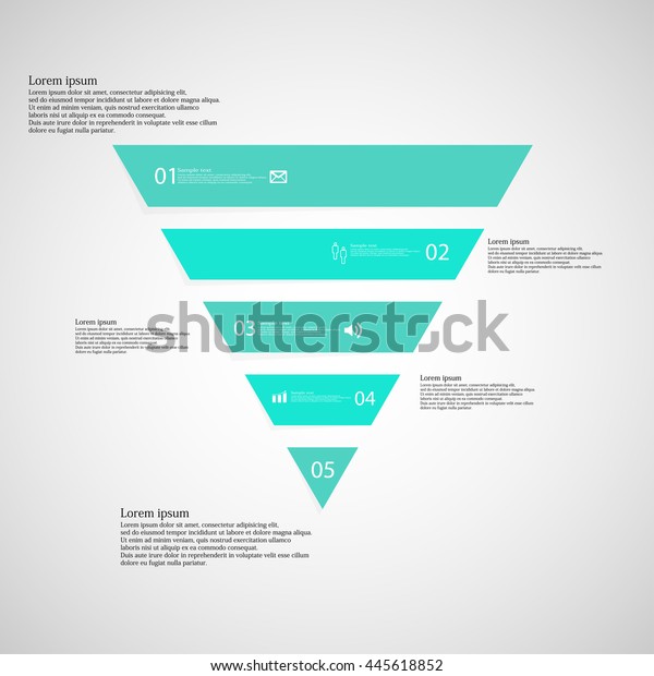 Illustration inforgraphic\
with shape of triangle on light background. Triangle with blue\
color. Template with triangle shape divided to five parts with\
text, number and symbol.\
