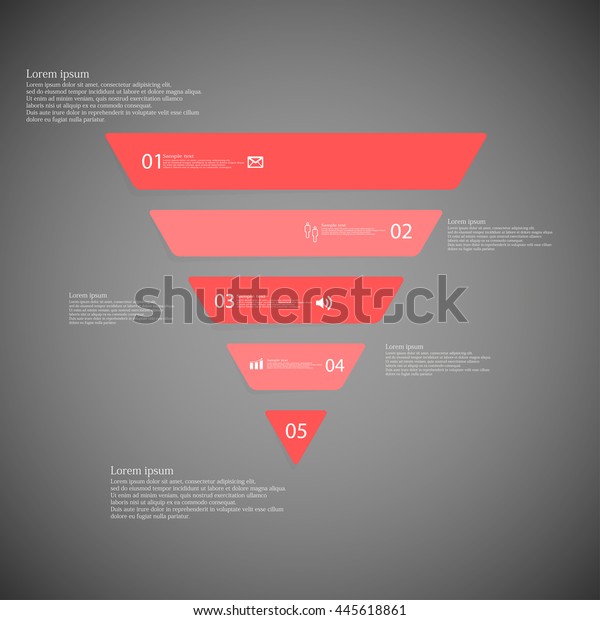 Illustration inforgraphic\
with shape of triangle on dark background. Triangle with red color.\
Template with triangle shape divided to five parts with text,\
number and symbol.\
