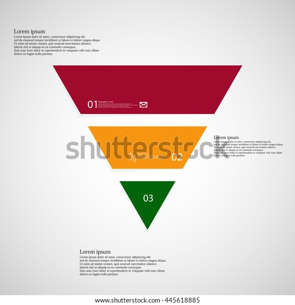 Illustration\
inforgraphic with shape of triangle on light background. Triangle\
with various color. Template with triangle shape divided to three\
parts with text, number and symbol.\
