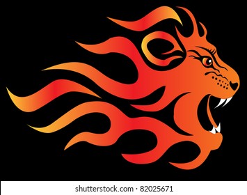  illustration infuriated lion in fire on black  background