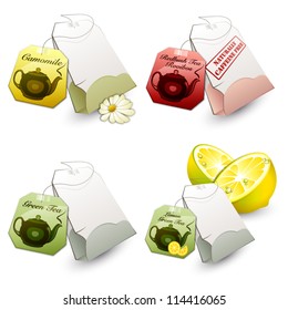 Illustration Of Infusion Bags: Chamomile, Decaffeinated Tea, Green Tea And Lemon Green Tea