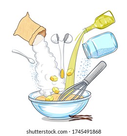 illustration of ingredient composition of homemade healthy and fresh bakery item like cake, bread or pizza