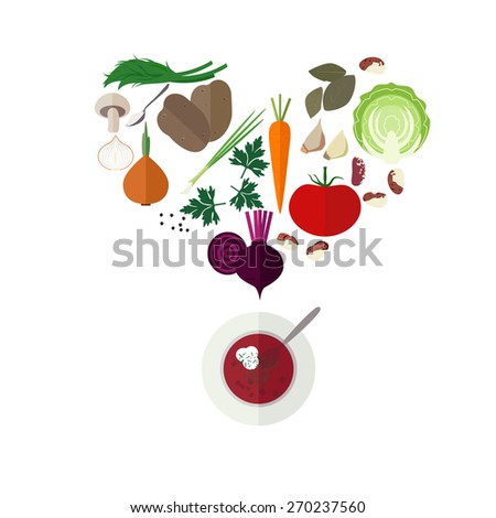 Illustration of ingredients for borsch in a shape of heart.