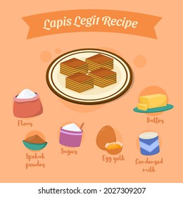 Illustration of ingredients traditional Indonesian snack kue lapis legit or layers cake recipe vector design