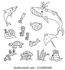 illustration inhabitants of the ocean and sea in the style of doodle or lineart, fish and other : whale, dolphin, crab, clown fish, turtle, fugu fish, squid, corals, anemones, white backgroud