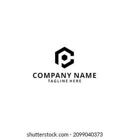 ilustración letra inicial logotipo de PC, CP, P en C hexagón letras minúsculas fondo blanco negro