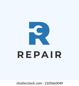 Illustration Initial Letter R Monogram with Wrench Spanner Repair logo design