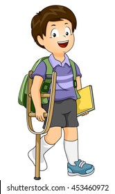 Illustration of an Injured Boy Using a Crutch to Walk