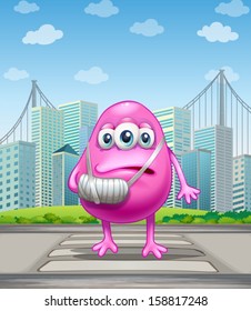 Illustration of an injured pink monster crossing the street