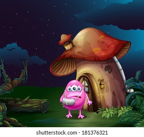 Illustration of an injured pink monster near the mushroom house