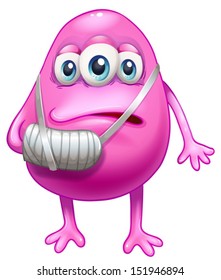 Illustration of an injured pink monster on a white background