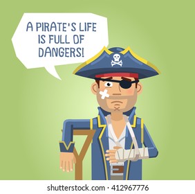 Illustration of an injured pirate captain. Sad pirate with bandaged hand isolated on abstract background. Pirate complaining about his life. Flat style vector illustration