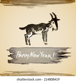 Illustration of ink painted goat with text. Symbol of 2015 year