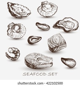 Illustration ink seafood scallops, mussels, shells, oysters, salmon steak, tuna fillets. Elements for the graphic design of the menu bars, restaurants, invitations, announcements.