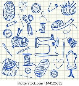 Illustration of ink sewing doodles on squared paper