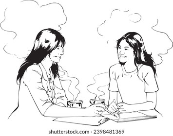Illustration of inking, Character, enjoying time with coffee. Perfect for coffee brending purposes. Web Design, Landing Page and Printable