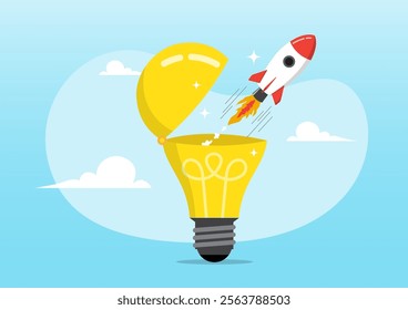 An illustration of innovative rocket launch flying high from opening bright lightbulb idea. Innovation to launch new idea, creativity to begin business or breakthrough idea concept