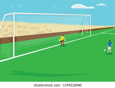 Illustration of an inordinately large football goal, in which the shooting of a penalty kick is going to take place