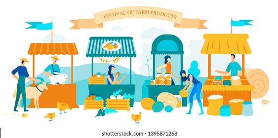 Illustration Inscription Festival Farm Products. People Sell Environmentally Grown Foods, Fruits and Vegetables. Men and Women Farm Workers Sell Agricultural Products at Fair. Cartoon Flat.