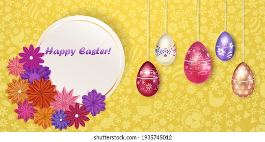Illustration with inscription, flowers and several hanging realistic Easter eggs in various colors with holiday symbols on colorful background