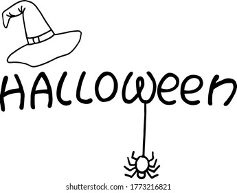 
illustration inscription halloween with hat and spider in doodle style black and white hand-drawn