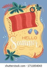 illustration with the inscription Hello summer, beach, Mat, palm trees