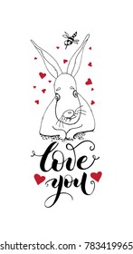 Illustration with inscription Love you. Black letters, rabbit, red hearts.