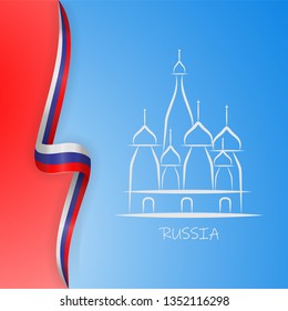 Illustration inscription Russia Moscow Kremlin   St  Basils Cathedral background and the flag Russia  Vector illustration  eps 10