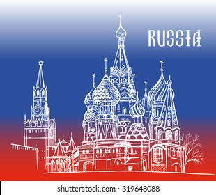 Illustration inscription Russia Moscow Kremlin   St  Basil's Cathedral background the flag