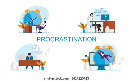 Illustration Inscription Set Procrastination. Man Feels Guilty because Deadlines. Vector Worker does not Convince Himself Urgency Performing Necessary Tasks Cartoon Flat. Man Sitting at Table.