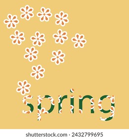 illustration of the inscription spring with a floral print and a scattering of flowers