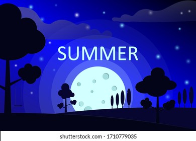 Illustration the inscription Summer on the background of a nightly summer landscape, full moon, clouds, stars and tree silhouettes. Beautiful mysterious, romantic photophone, background. Vector