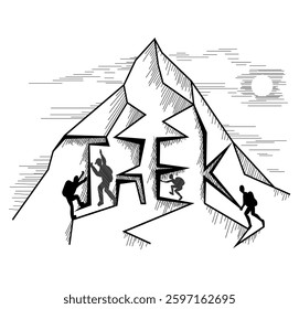 Illustration of the inscription is trek, a mountain is drawn, people climb it. A vector illustration in black isolated on a white background.