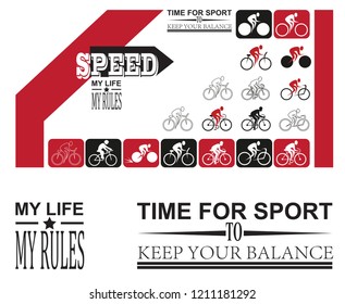 Illustration with inscriptions and icons of cyclists. Black, red and black colors