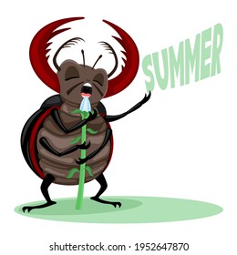Illustration with insect beetle singing a song about summer on a white background.