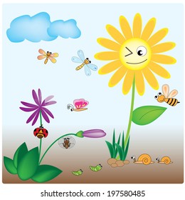 illustration insects and flowers in nature