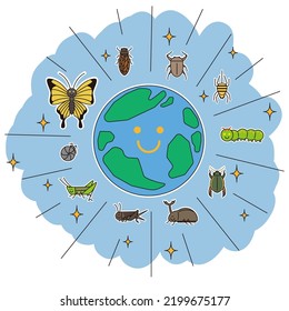 It is an illustration of insects solving food shortages and the smiling earth.