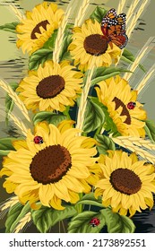 Illustration with insects and sunflowers.Sunflowers, ladybugs and a butterfly in vector illustration on a colored background.