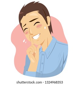 Illustration of insecure shy man making silence quiet hand gesture with finger in front of mouth