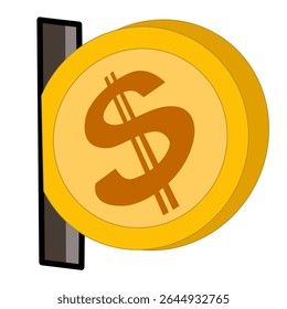 Ilustração de uma inserção de moeda de dólar de ouro em um slot.