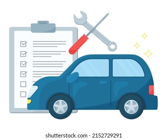 Illustration der Überprüfung eines Automobils. Reparatur und Wartung in einem Mechanikerladen. Auto, Tools und Checkliste.