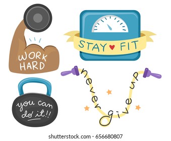 Illustration of Inspirational Texts for Exercising on Biceps, Scale, Kettlebell and Jump Rope