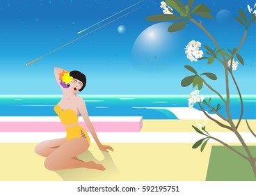 Illustration inspired by 80s style. beach summer woman and space ambient