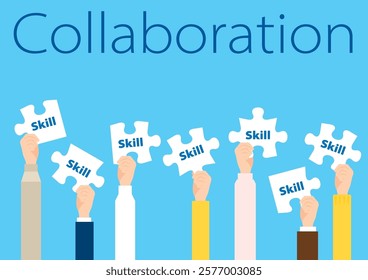 Illustration inspired by the collaboration. People holding puzzle written “skill”.