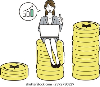 Illustration inspired by investment: A woman sitting on a graph and coins