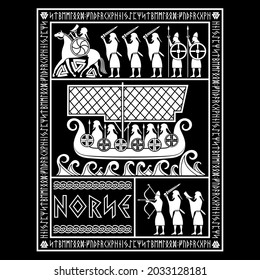 Illustration inspired by Northern mythology. God Odin on Sleipnir, Vikings Warriors and Drakkar Ship, isolated on black, vector illustration svg