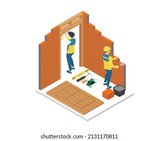 Illustration of installing red bricks and room doors