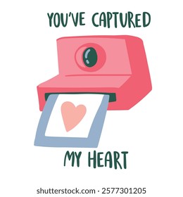 illustration with an instant camera with a frame depicting a heart and lettering you've captured my heart. the concept of Valentine's Day, love.